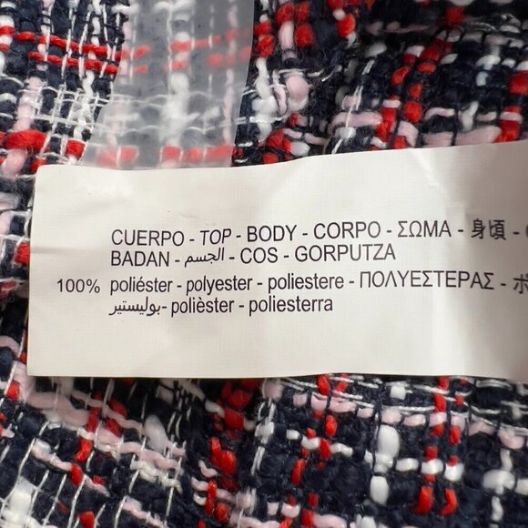 ZARA Tweed Plaid Top with Navy Sheer Chiffon Sleeves Size L - Picture 8 of 10